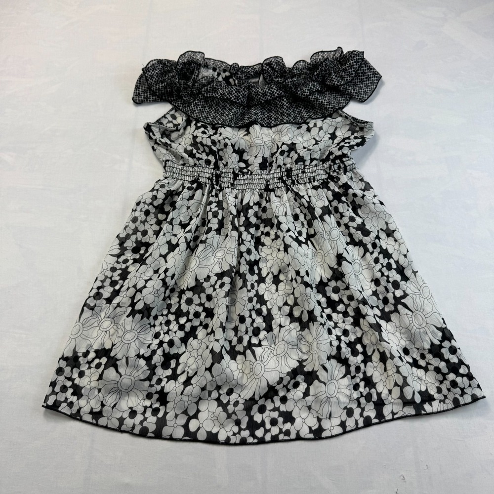 Daytrip Chiffon Blouse Top Women M Black White Floral Ruffle Off the Shoulder